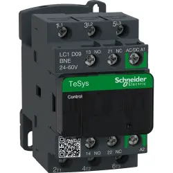 Power contactor, 3 pole, 9 A, 400 V, 3 Form A (N/O), coil 24-60 V AC/DC, screw connection, LC1D09BNE