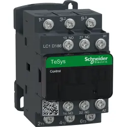Power contactor, 3 pole, 18 A, 400 V, 3 Form A (N/O), coil 230 VAC, ring cable lug terminals, LC1D186P7