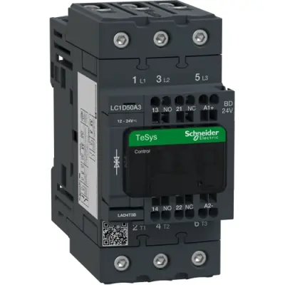 Power contactor, 3 pole, 50 A, 400 V, 3 Form A (N/O), coil 24 VDC, spring-clamp connection, LC1D50A3BD - 1