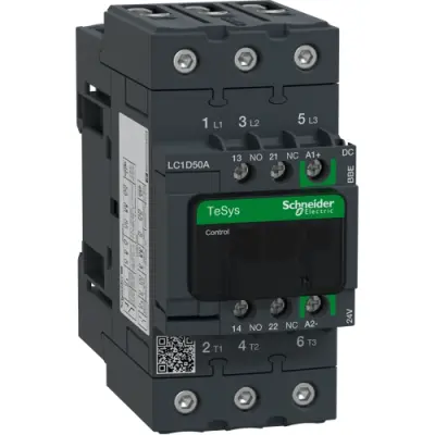 Power contactor, 3 pole, 50 A, 400 V, 3 Form A (N/O), coil 24 VDC, screw connection, LC1D50ABBE - 1