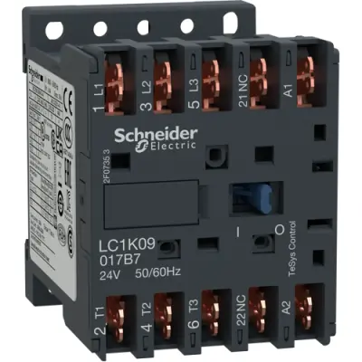 Power contactor, 3 pole, 9 A, 400 V, 3 Form A (N/O), coil 24 VAC, plug-in connection, LC1K09017B7 - 1