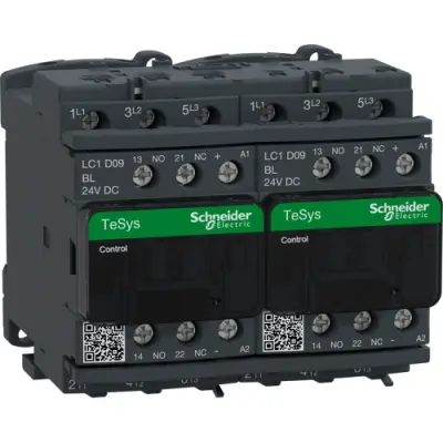 Reversing contactor, 3 pole, 9 A, 400 V, 3 Form A (N/O), coil 24 VDC, screw connection, LC2D09BL - 1