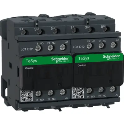 Reversing contactor, 3 pole, 12 A, 400 V, 3 Form A (N/O), coil 48 VAC, screw connection, LC2D12E7 - 1