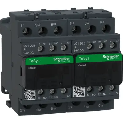Reversing contactor, 3 pole, 25 A, 400 V, 3 Form A (N/O), coil 24 VDC, screw connection, LC2D25BL - 1