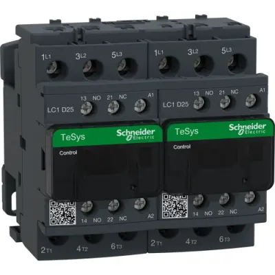 Reversing contactor, 3 pole, 25 A, 400 V, 3 Form A (N/O), coil 110 VAC, screw connection, LC2D25F7 - 1