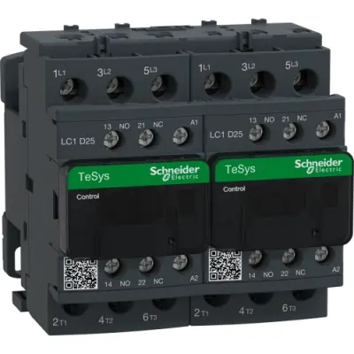 Reversing contactor, 3 pole, 25 A, 400 V, 3 Form A (N/O), coil 230 VAC, screw connection, LC2D25P7 - 1