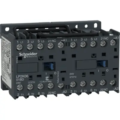 Reversing contactor, 3 pole, 6 A, 400 V, 3 Form A (N/O), coil 24 VDC, screw connection, LP2K0601BD - 1