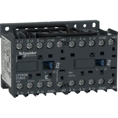 Reversing contactor, 3 pole, 6 A, 400 V, 3 Form A (N/O), coil 24 VDC, screw connection, LP2K0601BD3 - 1