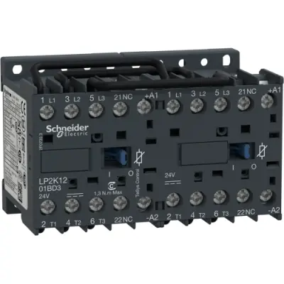 Reversing contactor, 3 pole, 12 A, 400 V, 3 Form A (N/O), coil 24 VDC, screw connection, LP2K1201BD3 - 1
