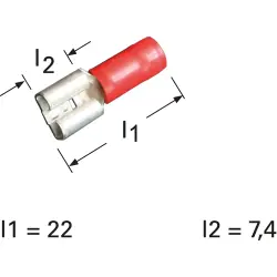 Insulated flat plug sleeve, 6.3 x 0.8 mm, 0.5 to 1.0 mm², AWG 22 to 18, brass, tin-plated, red, 35040.000.000