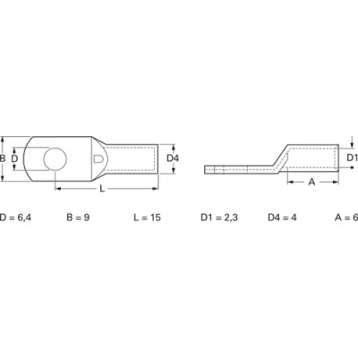 Uninsulated tube cable lug, 2.5 mm², AWG 14, 6.4 mm, M6, 3405A - 1