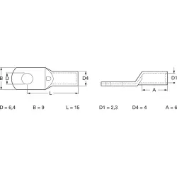Uninsulated tube cable lug, 2.5 mm², AWG 14, 6.4 mm, M6, 3405A