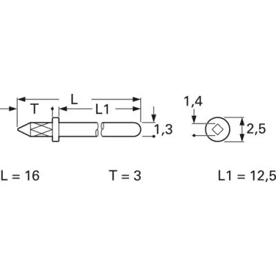 Plug pin 1.3 mm for PCBs, 16 mm long, tin-plated - 1