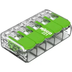 Cable connector, 5 pole, 4.0 mm², clamping points: 5, transparent, cage clamp, 32 A, 221-425