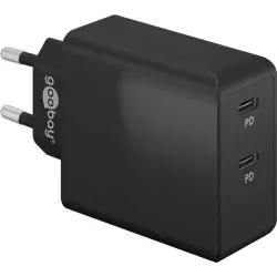 USB socket charger, Euro plug to 2x USB-C socket, 3 A, black