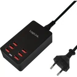 USB desktop charger, Euro plug to 6x USB-A socket, 6.4 A, black