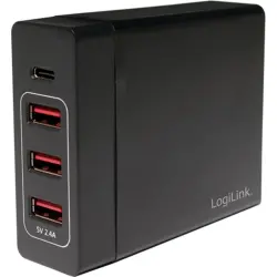 USB desktop charger, Euro plug to USB-C socket, 3x USB-A socket, 10.2 A, black