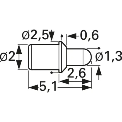 Battery charge and interface contact with probe, round head, Ø 1.3 mm, travel  1.2 mm, pitch 3 mm, L 5.1 mm, 5099-D-2.0N-AU-1.3 C - 1