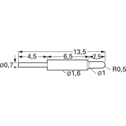 Charge and battery contact, round head, Ø 1 mm, travel 2.5 mm, pitch 2.54 mm, L 13.5 mm, TK0060B.J.1,00.C.85.A