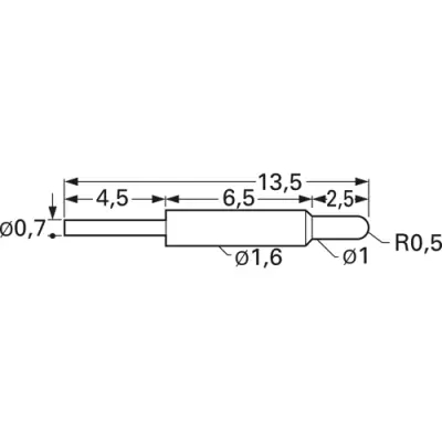 Charge and battery contact, round head, Ø 1 mm, travel  2.5 mm, pitch 2.54 mm, L 13.5 mm, TK0060B.J.1,00.C.85.A - 1