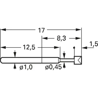 Standard spring contact with probe, tip, Ø 0.45 mm, travel 3 mm, pitch 1.91 mm, L 17 mm, 1010-B-0.8NE-AU-0.45 - 1