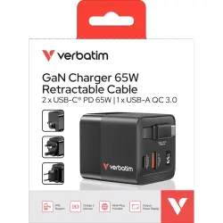Charger, GaN, 65W, Retractable, black1x USB-A QC, 2x USB-C PD
