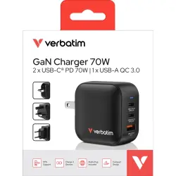 Charger, Mini GaN, 70W, black1x USB-A QC, 2x USB-C PD