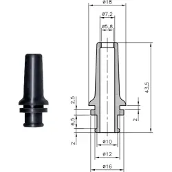 Cable grommet, cable Ø 5.8 to 7.2 mm, L 43.5 mm, PVC, black, 01340001010