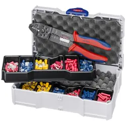Cable connector assortment, flat receptacles/cable lugs/butt connectors/round receptacles/round plugs/1x crimping pliers, 300 pieces, 97 90 26