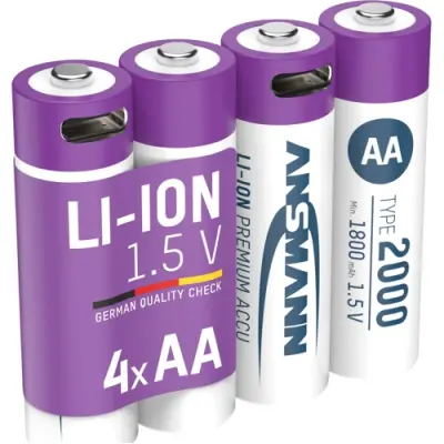 Lithium-ion-battery, 1.5 V, 1800 mAh, AA, surface contact/USB-C connector, 1312-0036, package with 4 pieces - 1