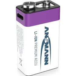 Lithium-ion-battery, 9 V, 340 mAh, 6LR61, 9 V block, push button/USB-C connector, 1315-0005