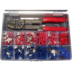 Cable connector assortment, butt connectors/ring cable lugs/flat receptacles/faston plugs/branch terminals with 1x crimping pliers, 261 pieces, 4181261D10