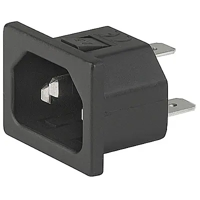 Panel plug C14, 3 pole, snap-in, plug-in connector 6.3 x 0.8, black, 6162.0166 - 1