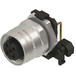 Panel socket, M12, 5 pole, solder connection, screw lock/push-pull, angled, 21433214551