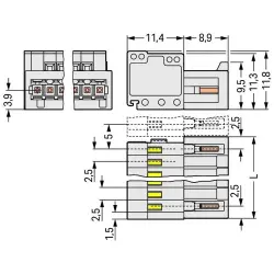 Pin header, 2 pole, pitch 2.5 mm, angled, light gray, 733-202