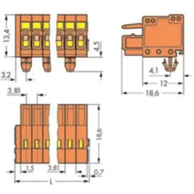 Socket header, 3 pole, pitch 3.81 mm, angled, orange, 734-203/008-000 - 1