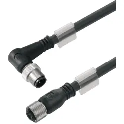 Bus line, M12-plug, angled to M12 socket, straight, PUR, 5 m, black, 1062100500