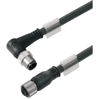Bus line, M12-plug, angled to M12 socket, straight, PUR, 5 m, black, 1062100500 - 1