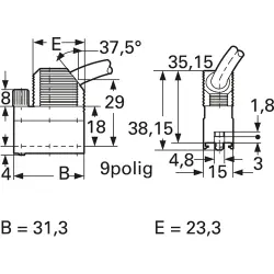 D-Sub connector housing, size: 1 (DE), angled 37.5°, cable Ø 4 to 8 mm, plastic, pebble gray, 1-1393738-0