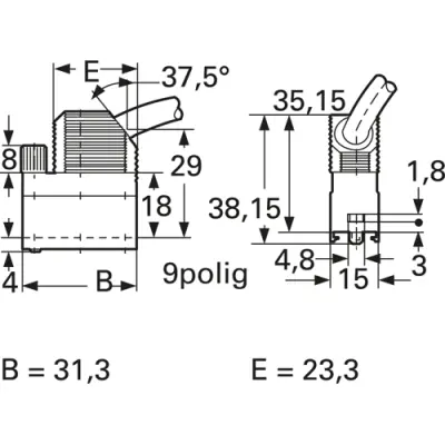 D-Sub connector housing, size: 1 (DE), angled 37.5°, cable Ø 4 to 8 mm, plastic, pebble gray, 1-1393738-0 - 1