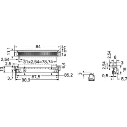 Male connector, type C, 32 pole, a-c, pitch 2.54 mm, solder pin, straight, gold-plated, 09031326922