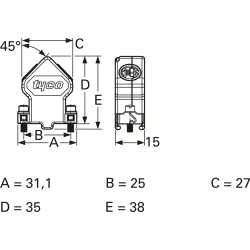 D-Sub connector housing, size: 1 (DE), angled 45°, cable Ø 4.8 to 9 mm, steel, silver, 1534805-1