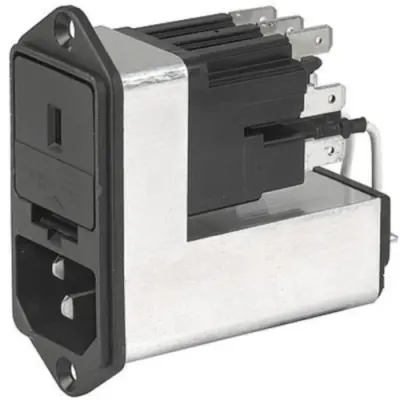 Suppressor filter IEC plug C14, 50 to 60 Hz, 4 A, 250 VAC, 1.5 mH, faston plug 4.8 mm, CE30.6100.151 - 1