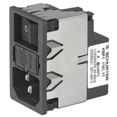 Suppressor filter IEC plug C14, 50 to 60 Hz, 1 A, 250 VAC, 2 W, 11 mH, faston plug 4.8 mm, KMF1.1211.11 - 1