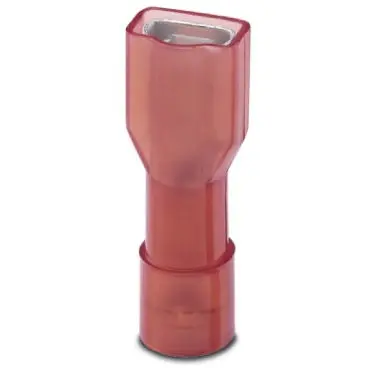 Insulated flat plug sleeve, 4.8 x 0.5 mm, 0.5 to 1.5 mm², AWG 20 to 16, brass, red, 3240536 - 1