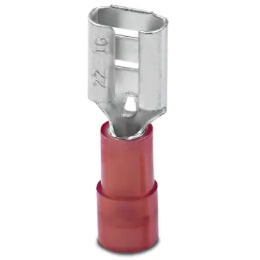 Insulated flat plug sleeve, 6.3 x 0.8 mm, 0.5 to 1.5 mm², AWG 20 to 16, brass, tin-plated, red, 3240052 - 1