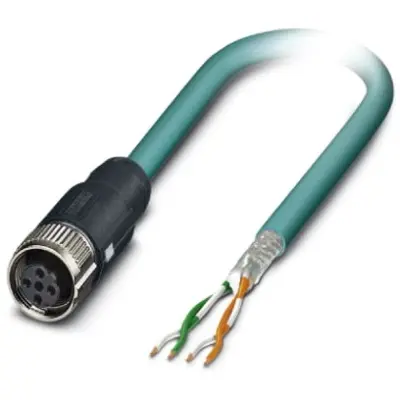 Network cable, M12 socket, straight to open end, Cat 5, SF/UTP, PUR, 1 m, blue, 1407380 - 1