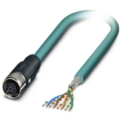 Network cable, M12 socket, straight to open end, Cat 5, SF/UTP, PUR, 1 m, blue, 1407439 - 1