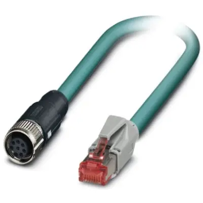 Network cable, RJ45 plug, straight to M12 socket, straight, Cat 5, SF/UTP, PUR, 1 m, blue, 1407443 - 1