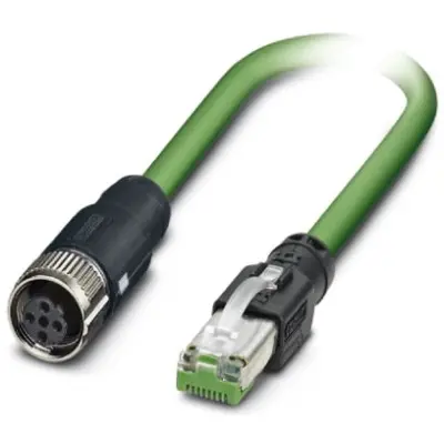 Network cable, RJ45 plug, straight to M12 socket, straight, Cat 5, SF/TQ, PVC, 1 m, green, 1407532 - 1